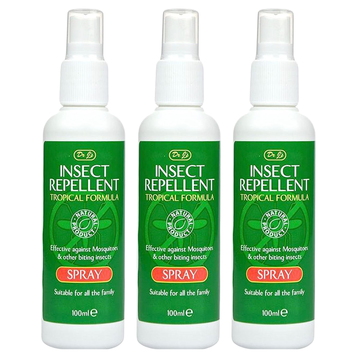 3 x Dr J's Insect Effective Mosquito Repellent Spray Tropical Formula 100ml