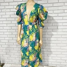 Farm Rio Star Fruits Blue Yellow Puff Sleeve Button Front Midi Dress Boho NWT L