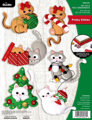 Bucilla Christmas Ornaments Felt Kit FRISKY KITTIES Cats Set of 6 #89643E