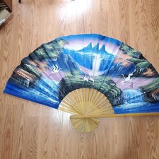 Ancien grand éventail 59x36 peint à la main scène de ciel art mural