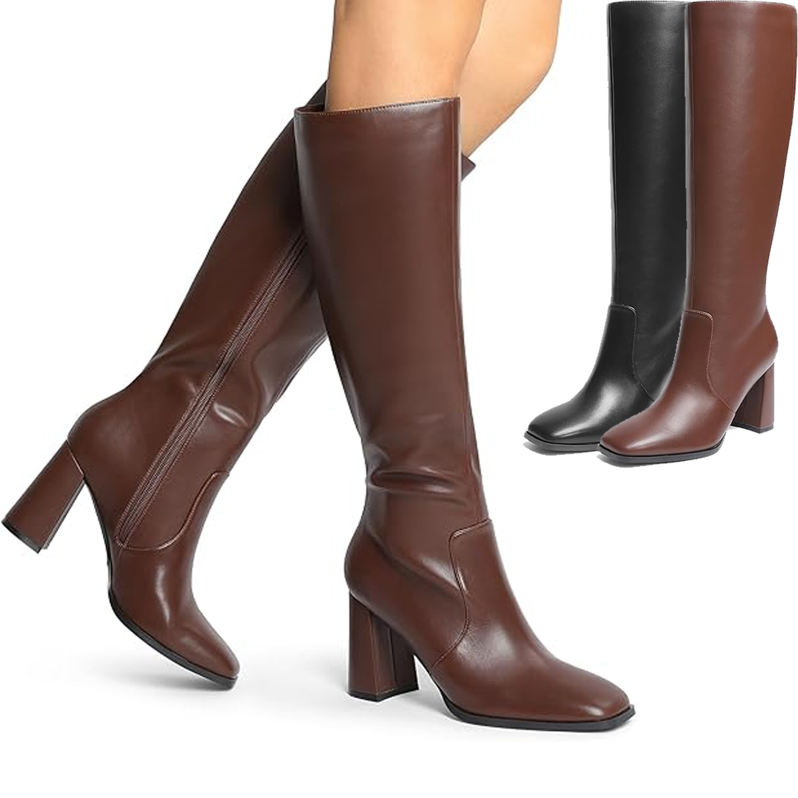 Women Chunky Block Heel Gogo Boots Square Toe Zip Up Knee High Boots