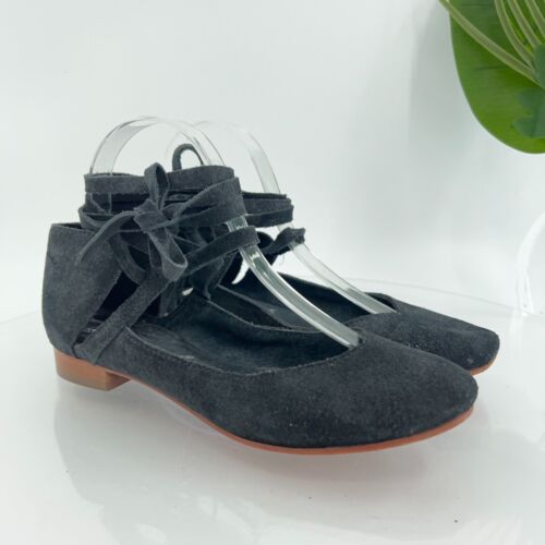 Free People Women's Atlas Lace Up Ballet Flats Size 38 8 Black Leather Boho
