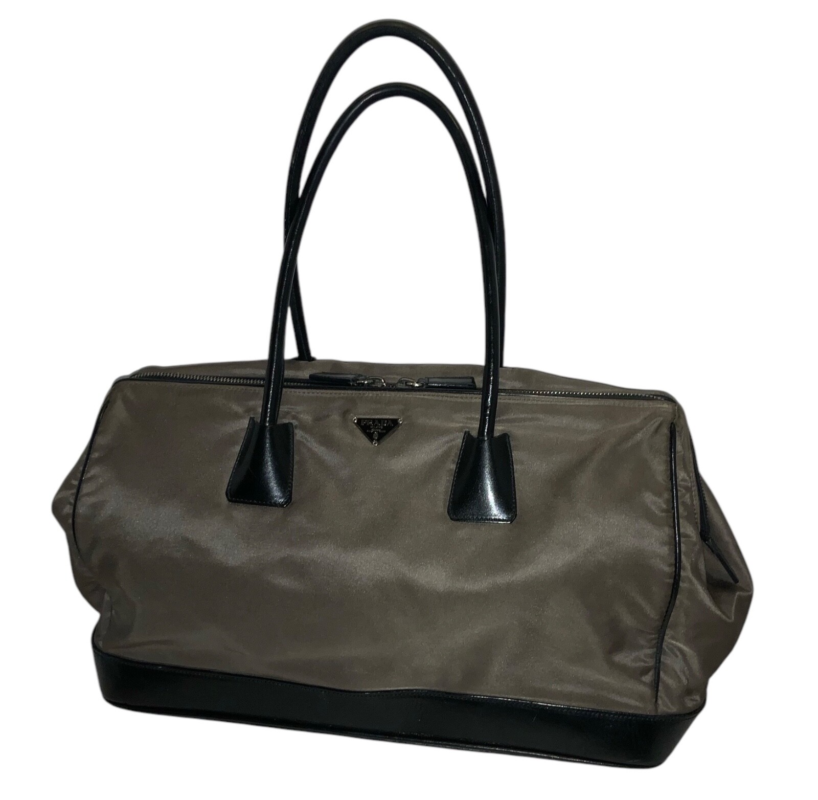 Vintage PRADA Brown Nylon Tessuto Black Leather Zip Top Tote Handbag