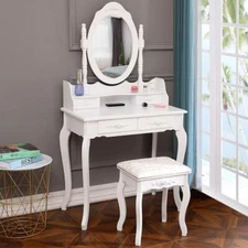 4 Drawers Vanity Dressing Desk Makeup Table and Stool Set Dresser with Mirror