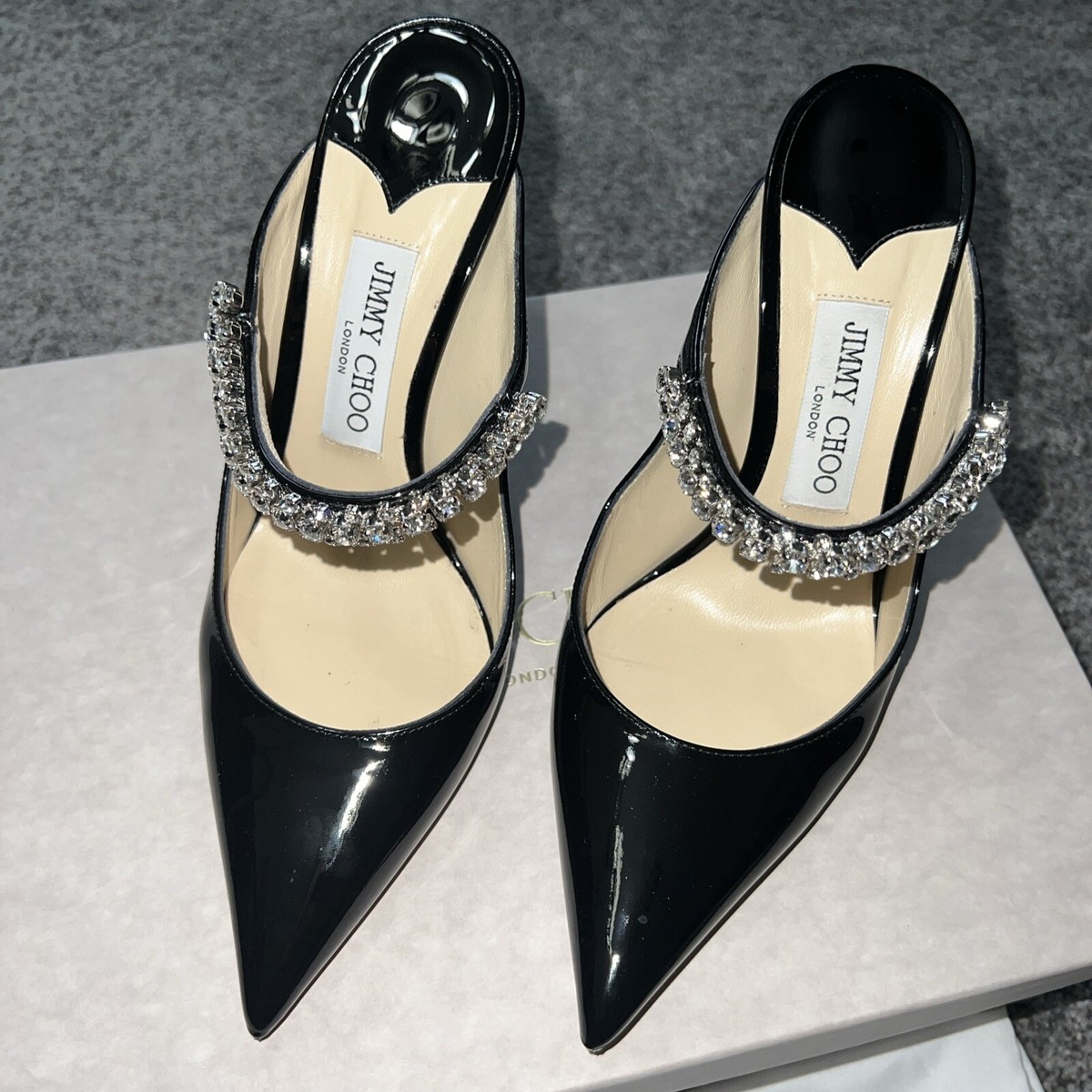 Jimmy Choo Bing 100 Black Patent Leather Mules with Crystal Jimmy Choo Bing 100 Black Patent Leather Mules with Crystal