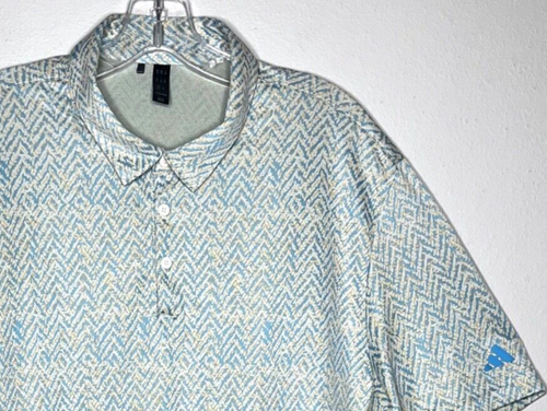 Adidas Shirt Polo Mens XXL Blue Yellow Performance Stretch Geometric AOP Golf - Picture 3 of 12