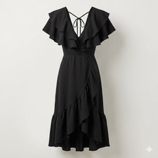 Fashion Nova Addison Airflow Midi Dress Black Ruffle Low V-Neck Coquette Size M