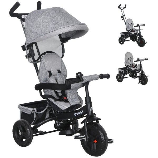 6-In-1 Dreirad Mit Schubstange, Kinderdreirad Mit Abnehmbarem Sonnendach Grau-image