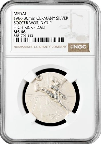 Germany silver medal 1986, NGC MS66, "Soccer World Cup, Dali - High Kick"Top Pop