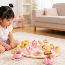 Wooden Tea Party Set Pretend Play Afternoon Tea Playset for Kids Children