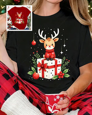 Women's Xmas Reindeer  Gift Box Print T-Shirt - Causal Cotton Christmas T-shirt