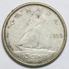 1959 10 Cents Canada 80% Silver Coin - RAW - 10c - Queen Elizabeth II