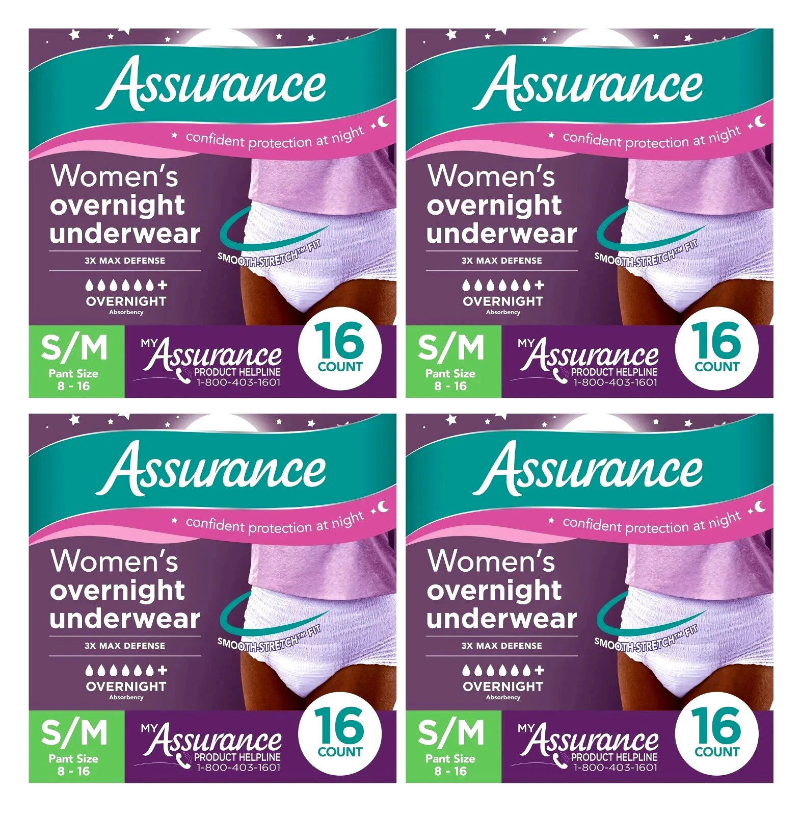 64 Ct Assurance Women Incontinence Underwear Overnight Absorbent S/M Pant 8-16