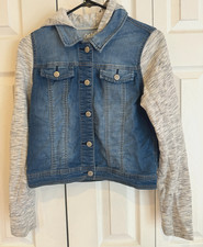 Cat Jack Kitty Cat Hood Denim Blue Gray Snap-Up Jacket Girls Size XL 14/16