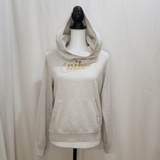 Nike Gold Glitter Swoosh Funnel Neck Hoodie Gray Sweatshirt Front Pocket, XS