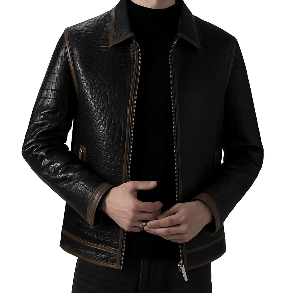 Men's Black Exotic Crocodile Embossed Leather Jacket Luxury Biker Moto Coat