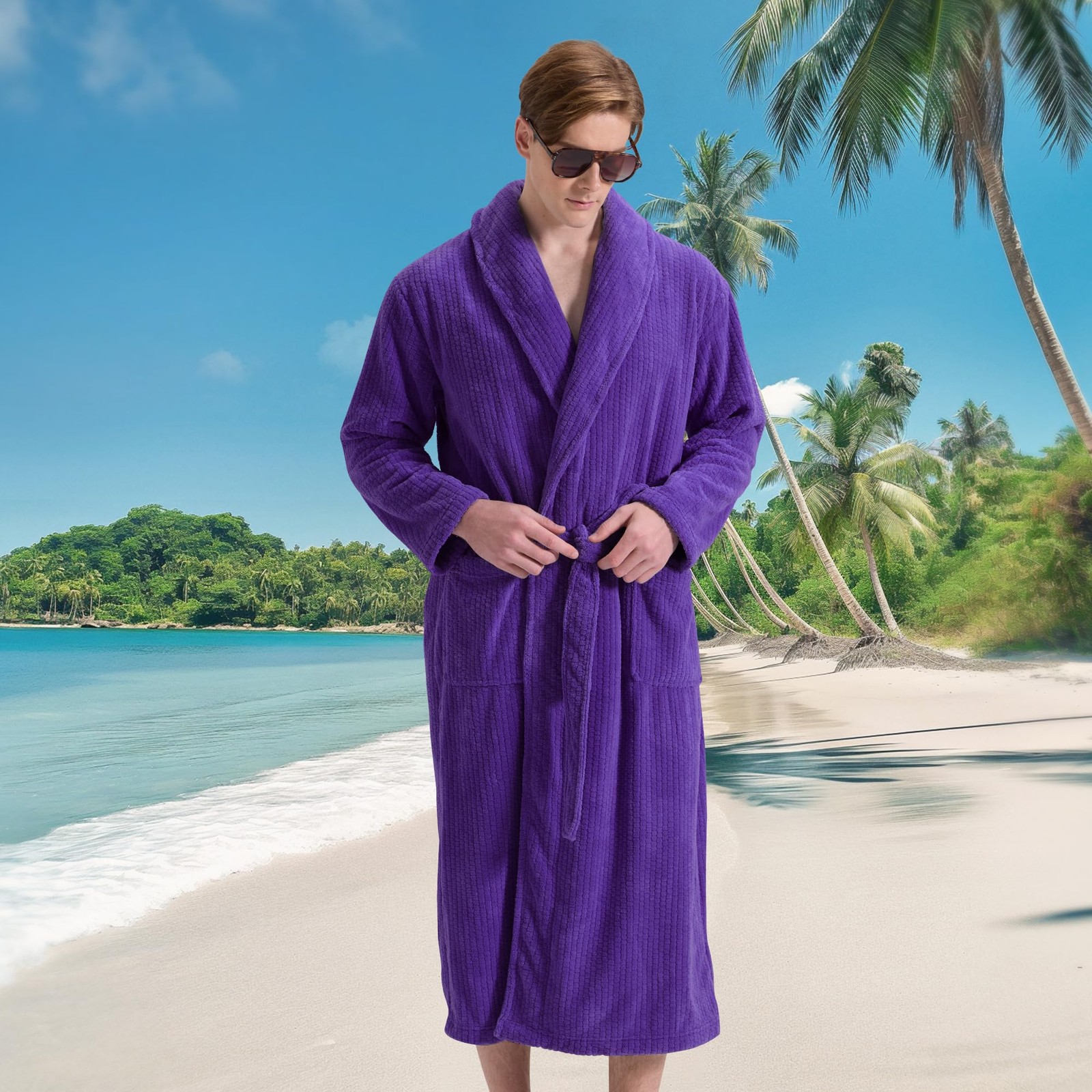Mens Shawl Collar Bathrobe Soft Long Towel Robe Super Absorbent Quick Dry image 6