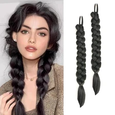 2 Packs 16 Inch Black Long Braid Ponytail Extension for Black Women with Hair Ti
