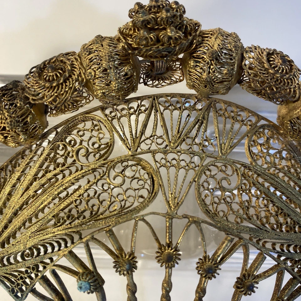 Vintage Spanish Comb Gilded Filigree Large Hair Comb W/ Openwork Balls Design - Image 2 of 4