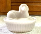 Vintage Westmoreland White Milk Glass Dog on Nest Covered Candy Dish