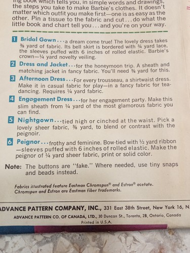 Barbie ADVANCE Mattel Original VTG 1962 Trousseau C 2895 11.5 Doll Pattern UNCUT - Picture 6 of 9