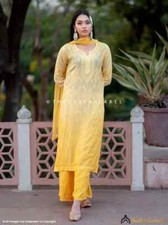 Yellow Muslin Chikankari Kurta Set with Dupatta Lucknow Chikankari Handmade Set