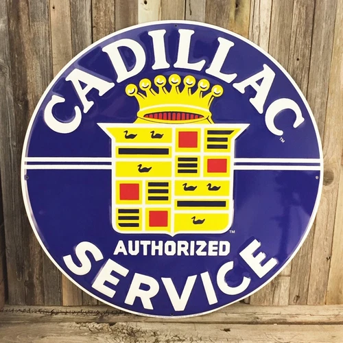 Cadillac Service Large 24" Round Metal Tin Sign Vintage Shop Garage Dealer Blue