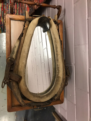 PRIMITIVE ANTIQUE VTG CANVAS HORSE YOKE COLLAR MIRROR 26 X 19 X 7
