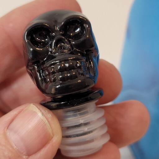Halloween Blue Glass Bottle Black Skull Stopper "Cob Web Stew" Spider Webs 7"