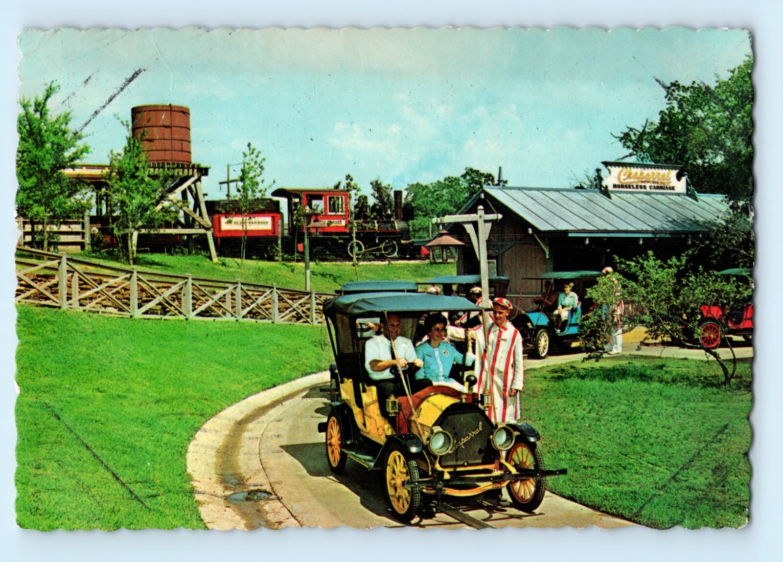 Vintage Six Flags Texas Chaparral Antique Cars Postcard Mirabeau Lamar Engine