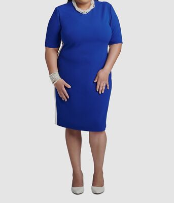 Kasper Women's Blue Ellen Faux Suede Trim Bodycon Dress Plus Size 1X
