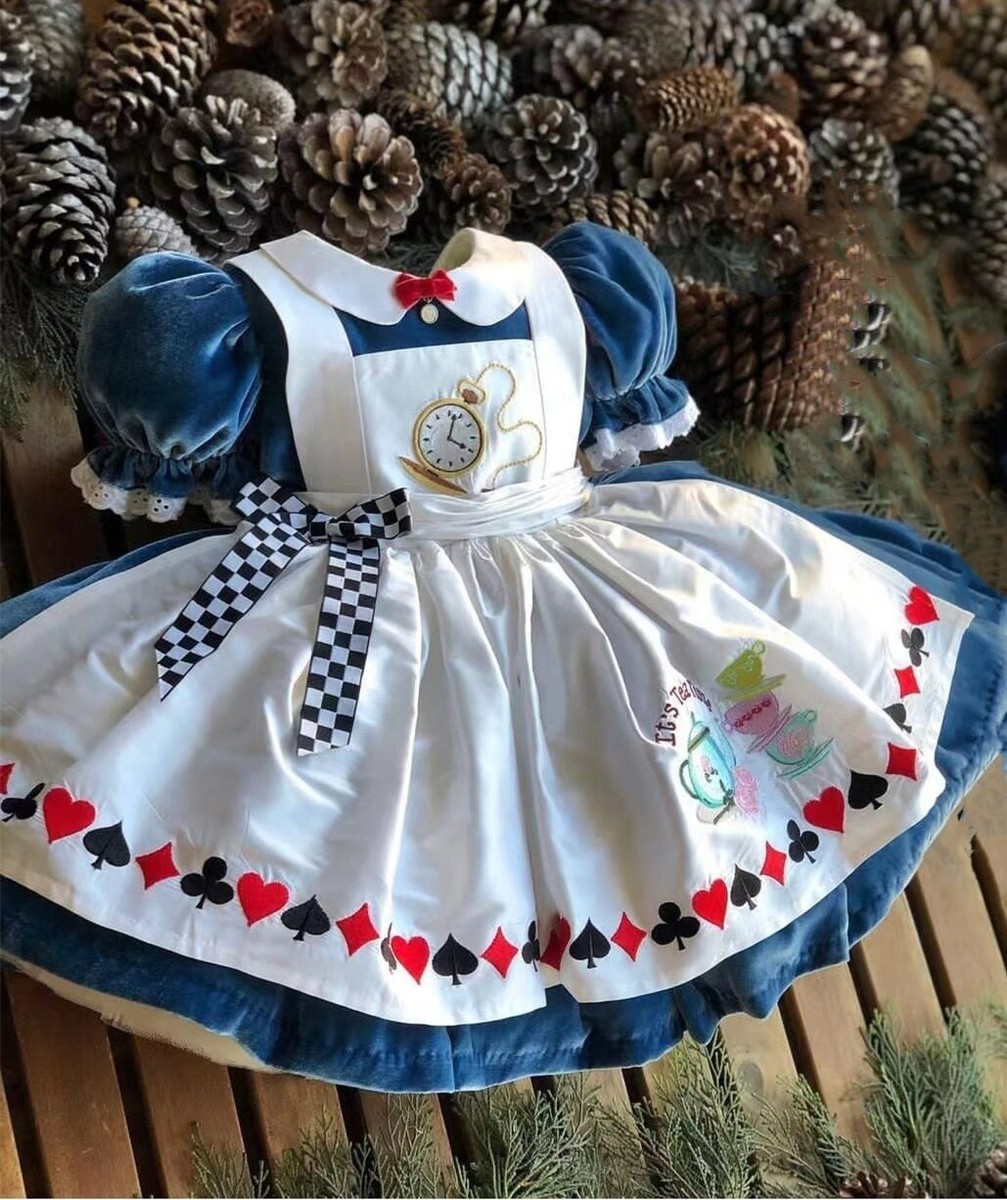 0-12Y Autumn Winter Blue Velvet Embroidery Vintage Princess Ball Gown Dress 