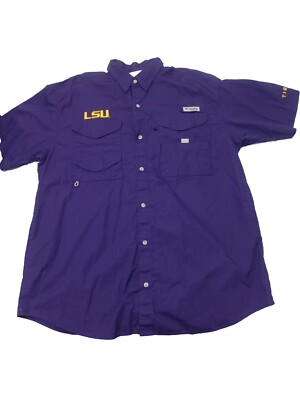 Columbia PFG LSU Tigers Shirt Mens B&T Large Purple Short Sleeve Vented 