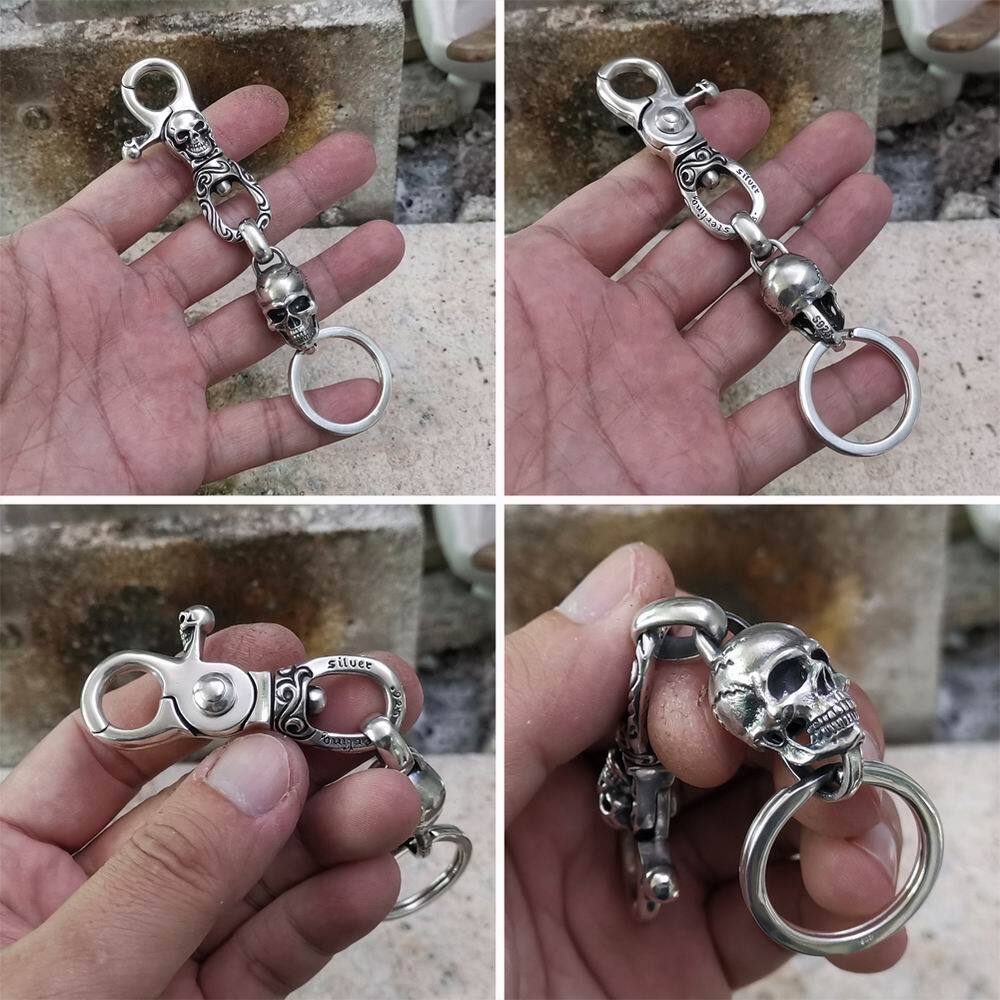 Porte-clés Crâne Détaillé En Argent 925 - Style Biker Punk - Fait Main - Neuf Sans étiquettes