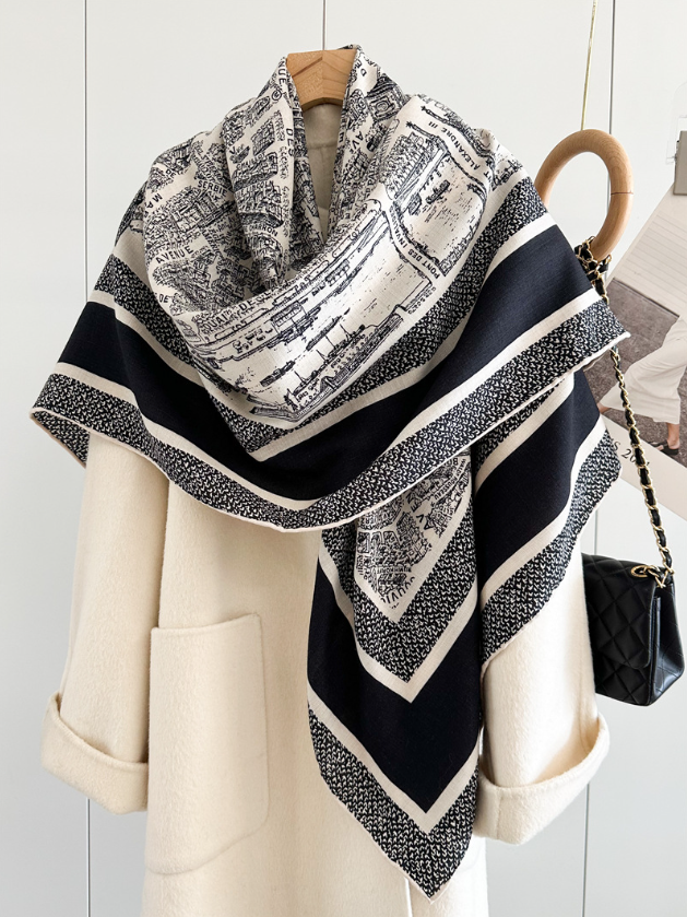 70% Cashmere & 30% Silk Wrap Scarf Paris City Print Double Face Print Shawl 53