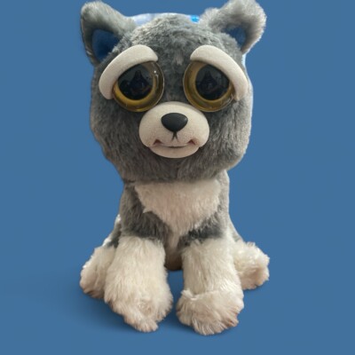 Feisty Pets Gray Husky Plush Happy/Angry Stuffed Animal 9 inch sitting dog￼