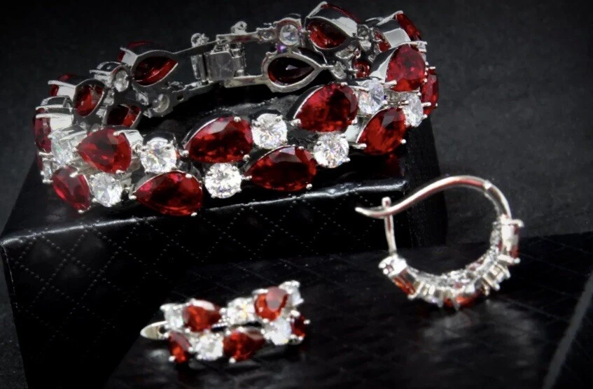 18k White Gold Plated Red Garnet & Simulated Diamond Tennis Bracelet Earring Set - Image 3 of 4