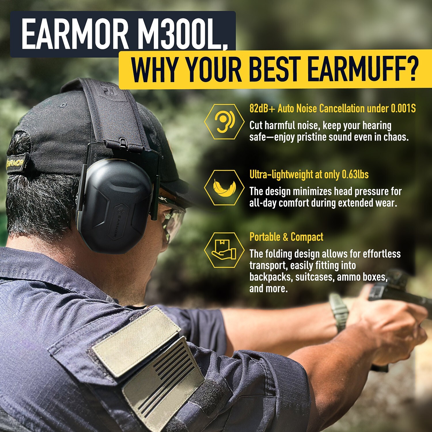 EARMOR OFFICIAL Shooting Ear Protection Earmuffs for Gun Range, NRR 27dB Noise C