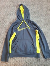 NIKE Therma Fit Mens SMALL Gray Neon Green Logo Pullover Hoodie w/ Mesh Hood