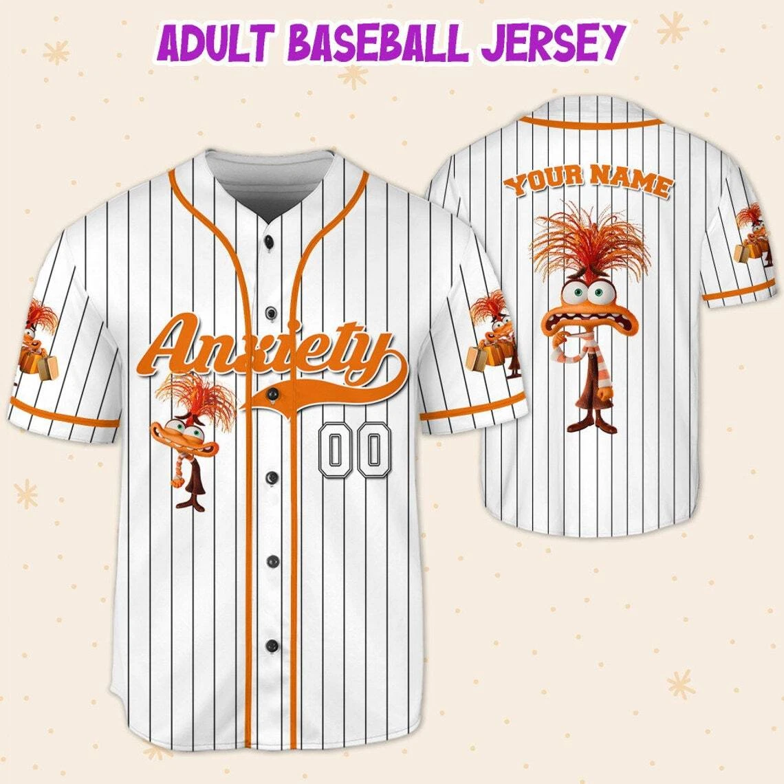 Personalize Anxiety Jersey Orange White, Disney Baseball Team Jersey, Inside Out