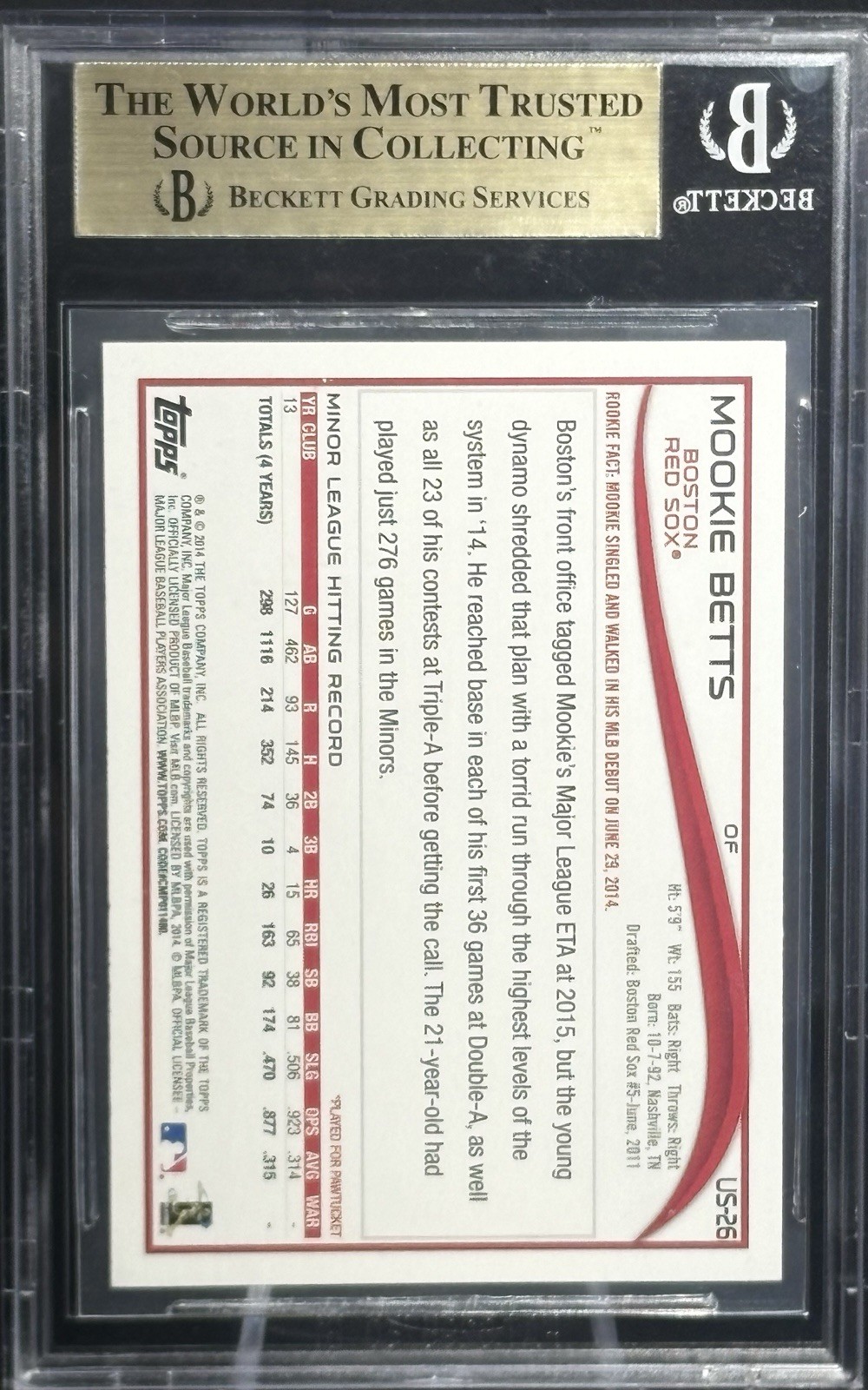 2014 Mookie Betts Topps Update RC #US26  BGS 9.5  Boston Red Sox view 2