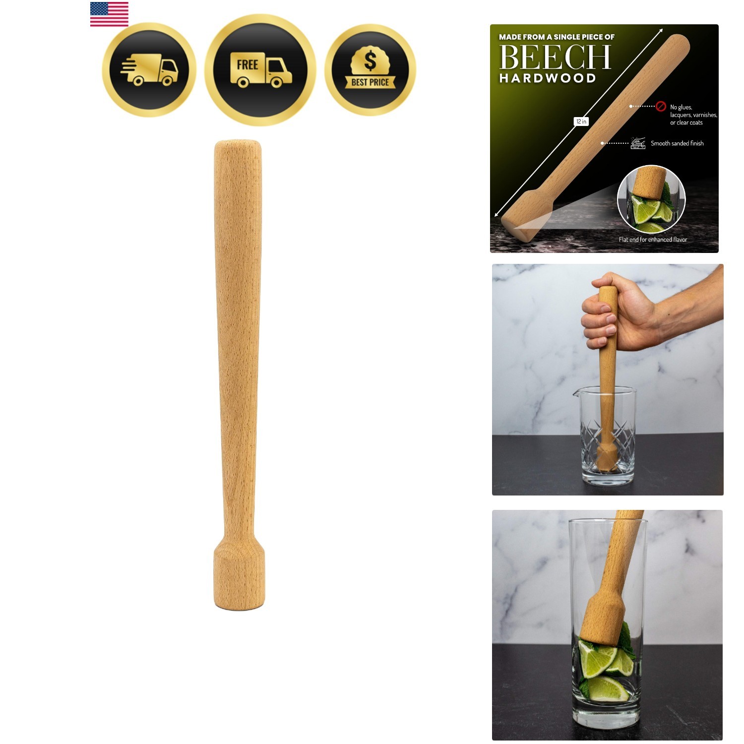 Wood Cocktail Muddler: 12 inch Hardwood Mojito Drink Muddler Home Bar Tool