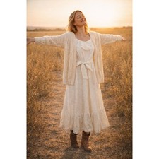 Vintage Western White Eyelet Ruffle Off Shoulder Maxi Dress Bohemian size XS/S