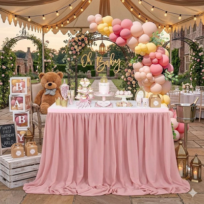 Queendream 14Ft Dusty Rose Chiffon Table Skirt Sheer For Rectangle Tables Or