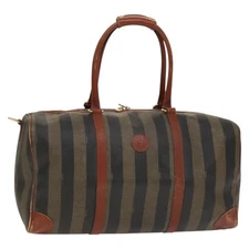 FENDI Pecan Canvas Boston Bag PVC Black Brown gold Auth yk18761