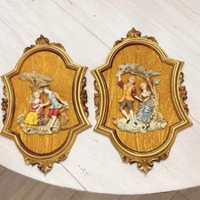 Vtg EMPIRE Set Of 2 Wall Art 3D Plaque Picture Rococo MCM Italy Made Gold Velvet