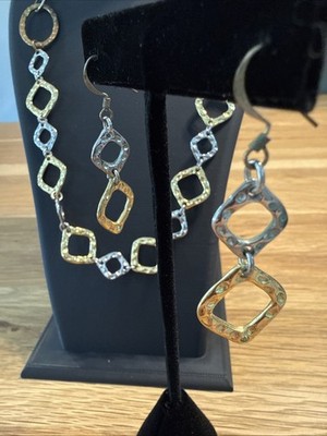 Bijoux Terner Mixed Metal Geometric Link Necklace & Earring Set. Boho, Artsy Fun