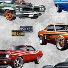 Heavy Metal Hot Rods Gray Cotton Fabric