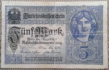5 Mark Darlehenskassenschein 1917, Geldschein Deutschland, VG- F &deg;