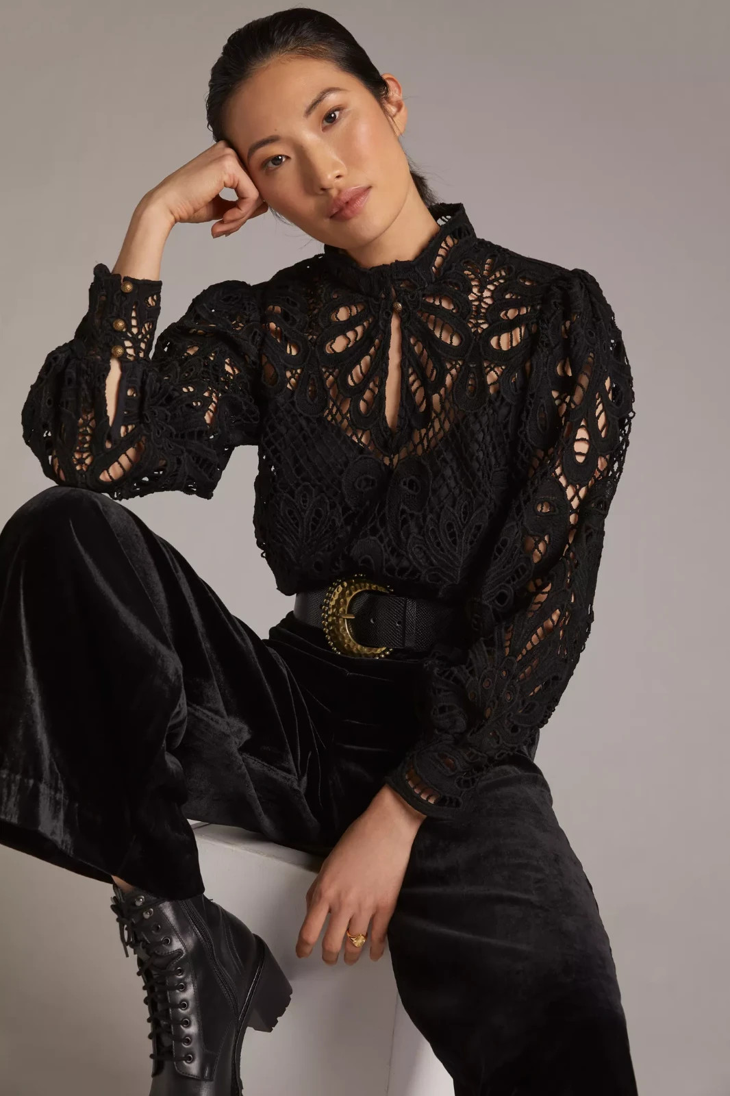 Anthropologie Embroidered Lace Blouse Top Victorian Black Size S NWT Small